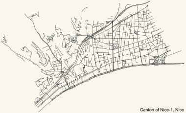 Fransa 'nın başkenti Nice' in çeyrek Canton of Nice-1 bölgesinin klasik bej arka planında ayrıntılı navigasyon şehir yolları haritası
