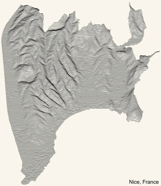 具有米色背景的黑色等高线的法国尼斯市地形正浮雕图 — 图库矢量图片