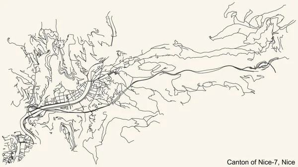 フランスの首都ニースのニース7地区の4分の1カントンのヴィンテージベージュの背景に詳細なナビゲーション都市道路地図 — ストックベクタ
