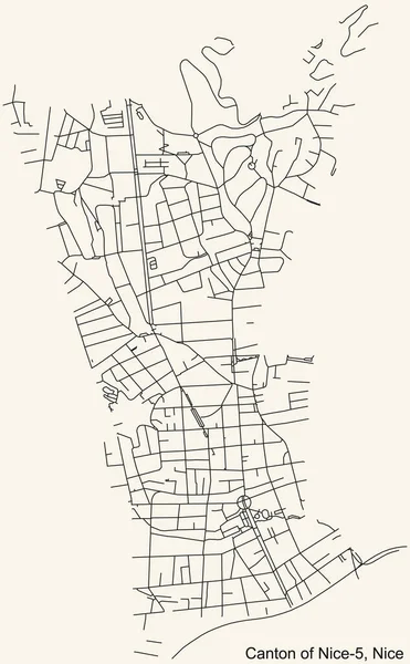Fransa 'nın başkenti Nice' in Nice-5 Kantonu 'nun çeyrek kantonunun klasik bej arka planında ayrıntılı navigasyon şehir yolları haritası