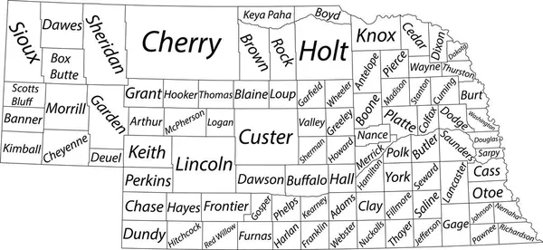 ネブラスカ州の白いベクトル図 黒い枠線とその郡の名前のタグ — ストックベクタ