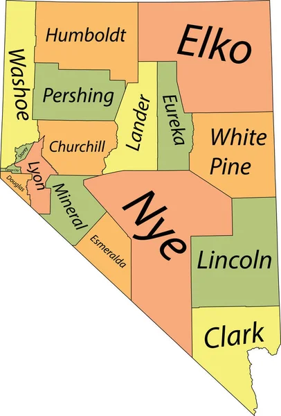 美国内华达州的帕塞尔矢量地图 有黑色边界及其各县的名称标签 — 图库矢量图片