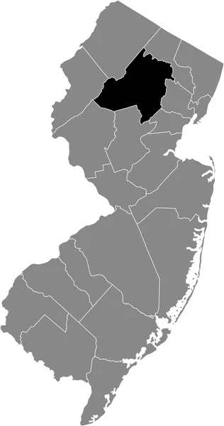 ニュージャージー州の灰色の地図の中のモリス郡の黒いハイライトされた場所 — ストックベクタ