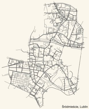 Polonya 'nın bölgesel başkenti Lublin, Polonya' nın çeyrek rdmiecie bölgesinin klasik bej arka planında ayrıntılı navigasyon şehir yolları haritası