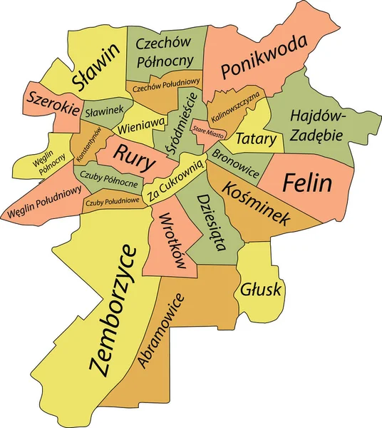 Einfache Pastellfarbene Vektorkarte Mit Schwarzen Rändern Und Namensschildern Städtischer Stadtbezirke — Stockvektor