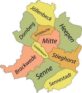 Siyah kenarlı basit pastel vektör haritası ve Bielefeld, Almanya 'nın kentsel şehir bölgelerinin isim etiketleri