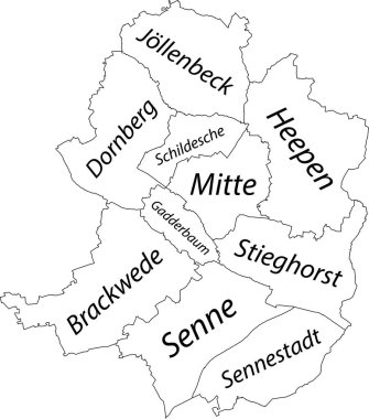 Siyah kenarlı basit bir beyaz vektör haritası ve Bielefeld, Almanya kentsel şehir bölgelerinin isim etiketleri