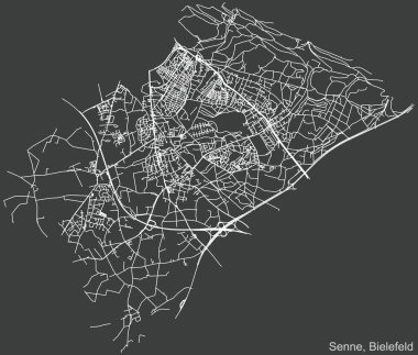 Alman bölgesel başkenti Bielefeld, Almanya 'nın çeyrek Senne semtinin koyu gri arkaplan üzerinde ayrıntılı olumsuz seyrüsefer şehir yolları haritası