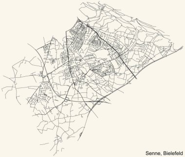 Alman bölgesel başkenti Bielefeld, Almanya 'nın çeyrek Senne ilçesinin klasik bej arka planında ayrıntılı navigasyon şehir yolları haritası