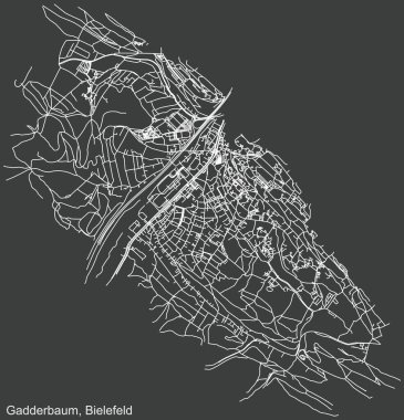 Alman bölgesel başkenti Bielefeld, Almanya 'nın Gadderbaum semtinin koyu gri arka planı üzerinde ayrıntılı olumsuz navigasyon kentsel yol haritası