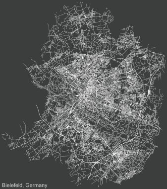 Alman bölgesel başkenti Bielefeld, Almanya 'nın koyu gri arka planı üzerinde ayrıntılı olumsuz navigasyon kentsel yol haritası