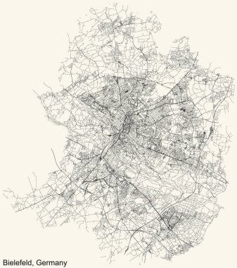 Alman bölgesel başkenti Bielefeld, Almanya 'nın klasik bej arka planında ayrıntılı navigasyon kentsel yol haritası
