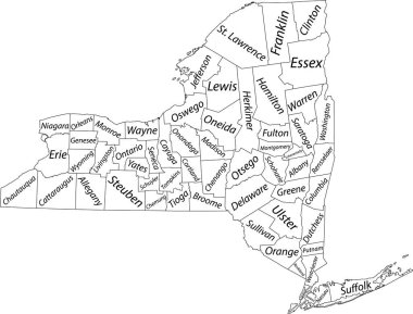 New York Federal Eyaleti 'nin beyaz vektör haritası, siyah sınırları ve ilçelerinin isim etiketleriyle ABD