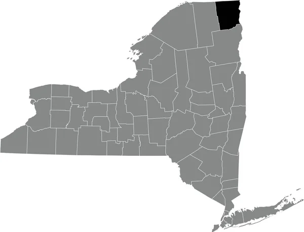 アメリカ合衆国ニューヨーク州の灰色の地図の中のクリントン郡の黒いハイライトされた場所の地図 — ストックベクタ