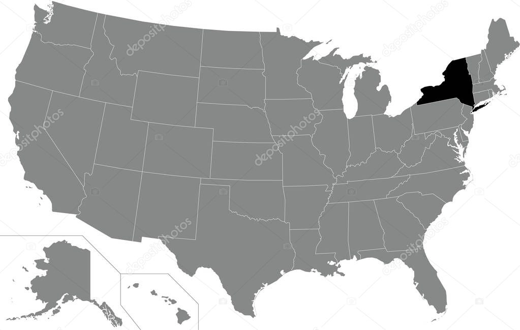 Black highlighted location map of the US Federal State of New York inside gray map of the United States of America