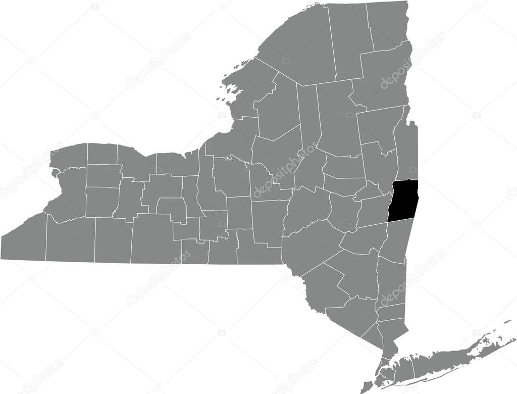 Black highlighted location map of the Rensselaer County inside gray map of the Federal State of New York, USA