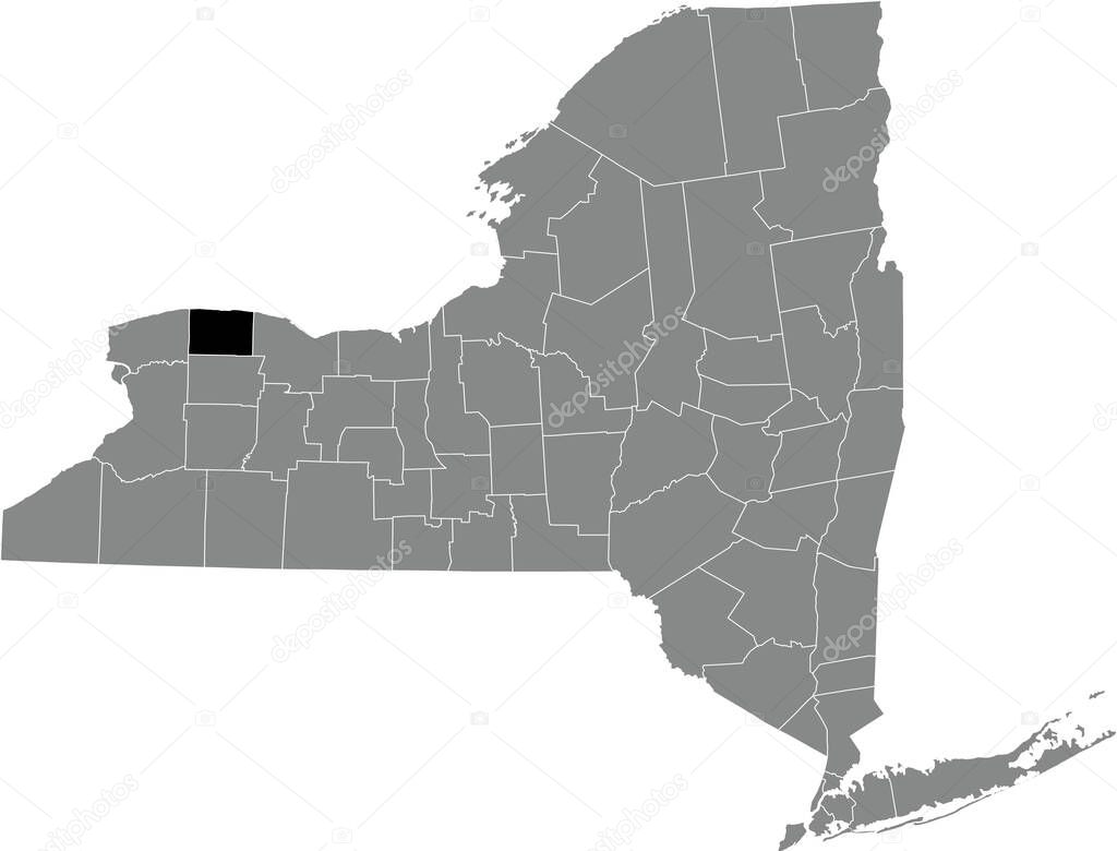 Black highlighted location map of the Orleans County inside gray map of the Federal State of New York, USA