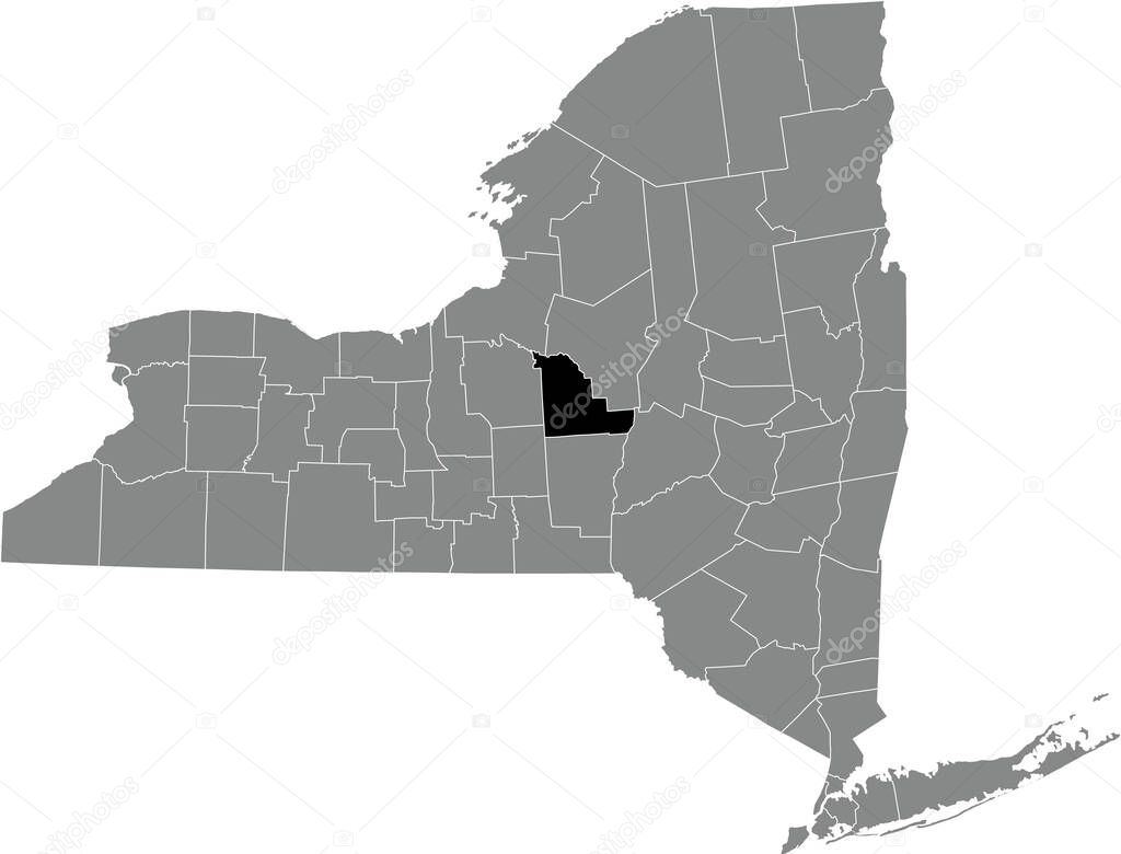 Black highlighted location map of the Madison County inside gray map of the Federal State of New York, USA
