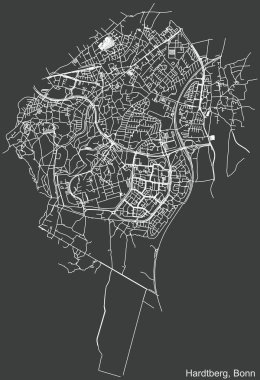 Almanya 'nın başkenti Bonn' un Hardtberg semtinin koyu gri arka planı üzerinde ayrıntılı olumsuz seyrüsefer şehir yolları haritası