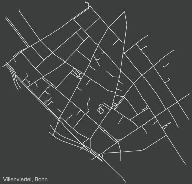 Almanya 'nın başkenti Bonn' un Godesberg-Villenviertel semtinin koyu gri arka planında yer alan şehir yolu haritası