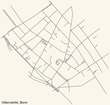 Almanya 'nın başkenti Bonn' un Godesberg-Villenviertel semtinin klasik bej arka planında detaylı navigasyon şehir yolları haritası