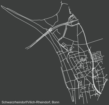 Almanya 'nın başkenti Bonn' un çeyrek Schwarzrheindorf / Vilich-Rheindorf alt bölgesinin koyu gri arka planında yer alan şehir yolu haritası