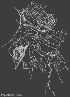 Almanya 'nın başkenti Bonn' un çeyrek Poppelsdorf alt bölgesinin koyu gri arka planında yer alan şehir yolu haritası