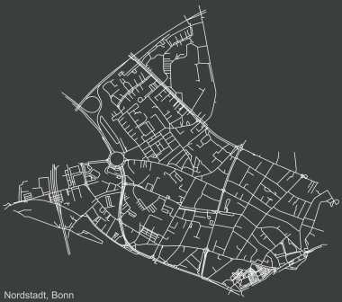 Alman başkenti Bonn, Almanya 'nın çeyrek Nordstadt alt bölgesinin koyu gri arka planı üzerinde ayrıntılı negatif navigasyon kentsel yol haritası