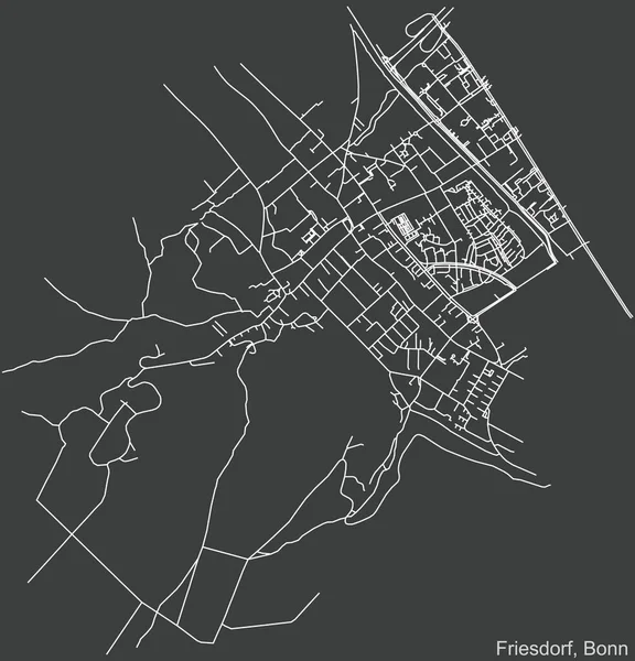 Szczegółowa Negatywna Nawigacja Miejska Mapa Ulic Ciemnoszarym Tle Dzielnicy Friesdorf — Wektor stockowy