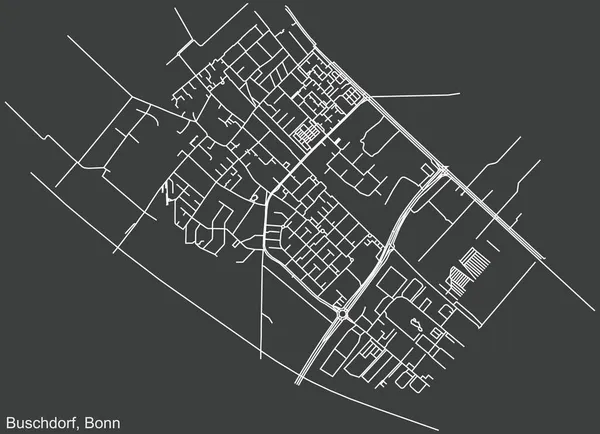 Szczegółowa Negatywna Nawigacja Miejska Mapa Ulic Ciemnoszarym Tle Dzielnicy Buschdorf — Wektor stockowy