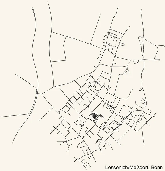 Detaillierte Negativnavigation Stadtstraßenplan Auf Dunkelgrauem Hintergrund Des Stadtteils Lessenich Medorf — Stockvektor