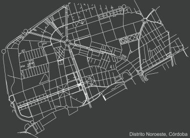 İspanya 'nın bölgesel başkenti Cordoba, İspanya' nın çeyrek Noroeste bölgesinin koyu gri arka planı üzerinde ayrıntılı negatif navigasyon kentsel yol haritası