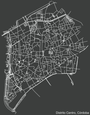 İspanya 'nın bölgesel başkenti Cordoba' nın çeyrek Centro bölgesinin koyu gri arka planı üzerinde ayrıntılı negatif navigasyon kentsel yol haritası