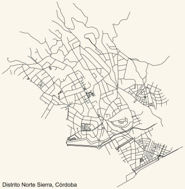 İspanya 'nın bölgesel başkenti Cordoba, İspanya' nın çeyrek Norte-Sierra bölgesinin klasik bej arka planında ayrıntılı navigasyon şehir yolları haritası