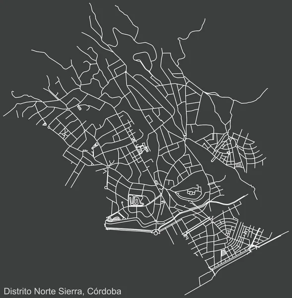 İspanya 'nın bölgesel başkenti Cordoba, İspanya' nın çeyrek Norte-Sierra bölgesinin koyu gri arka planı üzerinde ayrıntılı negatif navigasyon kentsel yol haritası