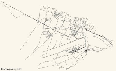 İtalya 'nın bölgesel başkenti Bari' nin beşinci belediyesinin (Municipio 5) klasik bej arka plan üzerindeki ayrıntılı navigasyon şehir yolları haritası