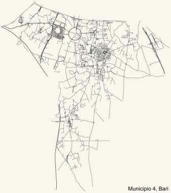İtalya 'nın bölgesel başkenti Bari' nin dördüncü belediyesinin (Municipio 4) klasik bej arka planında ayrıntılı navigasyon şehir yolları haritası