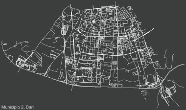 İtalya 'nın bölgesel başkenti Bari' nin ikinci belediye (Municipio 2) koyu gri arka planı üzerinde ayrıntılı negatif navigasyon kentsel yol haritası