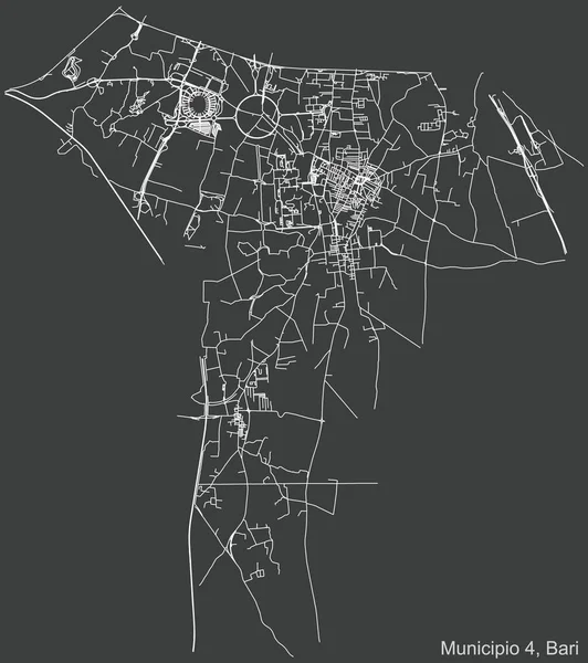 İtalya 'nın bölgesel başkenti Bari' nin dördüncü belediyesinin (Municipio 4) koyu gri arka planı üzerinde ayrıntılı negatif navigasyon kentsel yol haritası