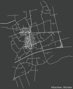Almanya 'nın başkenti Mnster-Muenster' da yer alan Albachten ilçesinin koyu gri arka planında yer alan şehir yolu haritası