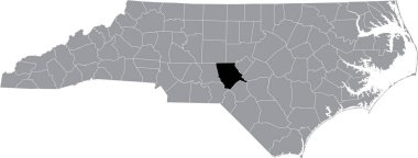 ABD 'nin Kuzey Carolina eyaletinin gri idari haritasında Moore County' nin siyah vurgulanmış konum haritası
