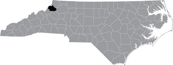 ノースカロライナ州の灰色の行政地図の中のワトーガ郡の黒いハイライト表示された場所 — ストックベクタ