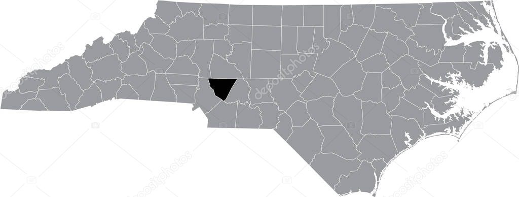 Black highlighted location map of the Cabarrus County inside gray administrative map of the Federal State of North Carolina, USA