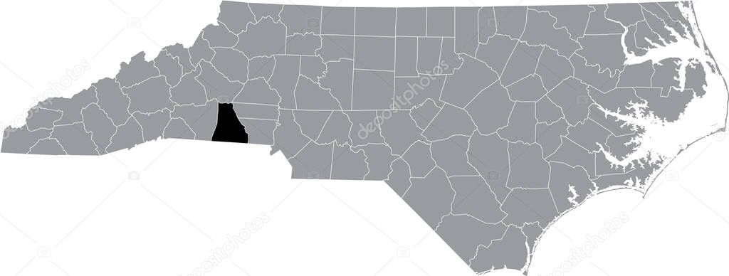 Black highlighted location map of the Cleveland County inside gray administrative map of the Federal State of North Carolina, USA