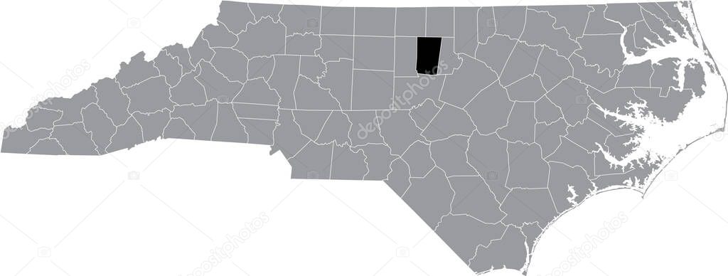 Black highlighted location map of the Orange County inside gray administrative map of the Federal State of North Carolina, USA
