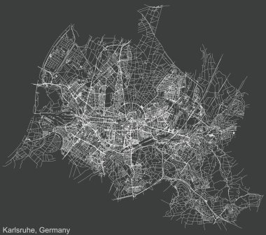 Alman bölgesel başkenti Karlsruhe, Almanya 'nın koyu gri arka planı üzerinde ayrıntılı olumsuz navigasyon kentsel yol haritası