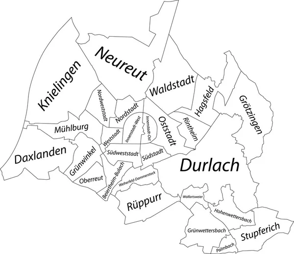 ドイツのカールスルーエの都市地区の黒い境界と名前のタグを持つシンプルな白いベクトル管理マップ — ストックベクタ