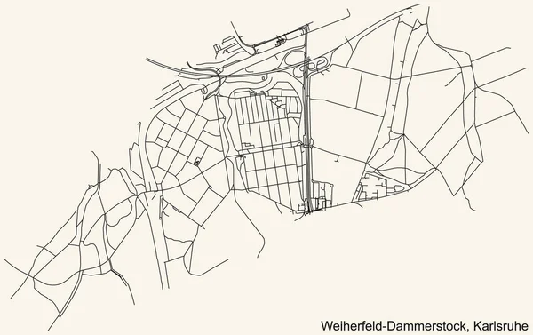 Detaillierte Straßenkarte Auf Beigem Hintergrund Des Stadtteils Weiherfeld Dammerstock Der — Stockvektor