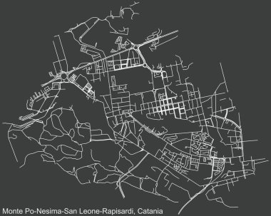 İtalya 'nın bölgesel başkenti Catania' nın Monte Po-Nesima / San Leone-Rapisardi semtinin koyu gri arka planı üzerinde ayrıntılı olumsuz navigasyon kentsel yol haritası