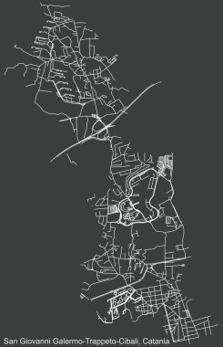 İtalya 'nın bölgesel başkenti Catania, İtalya' nın çeyrek San Giovanni Galermo-Trappeto-Cibali semtinin koyu gri arka planı üzerinde ayrıntılı olumsuz navigasyon kentsel yol haritası